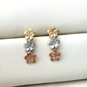 Aretes flor colgante 3 colores oro 18k